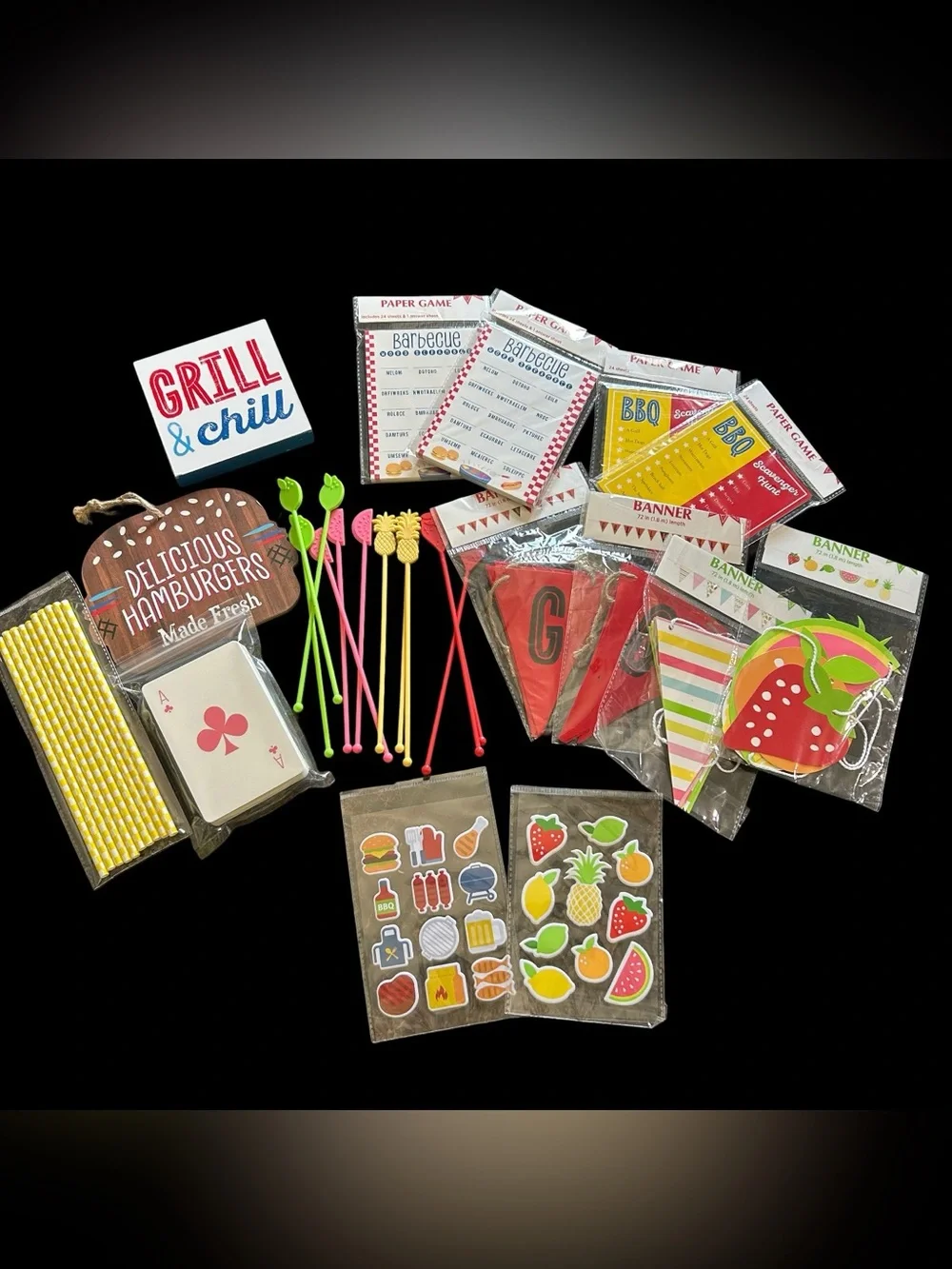 Summer BBQ Party Supply Kit 26 Piece Lot Banners, Games, Jumbo Cards, Decor New